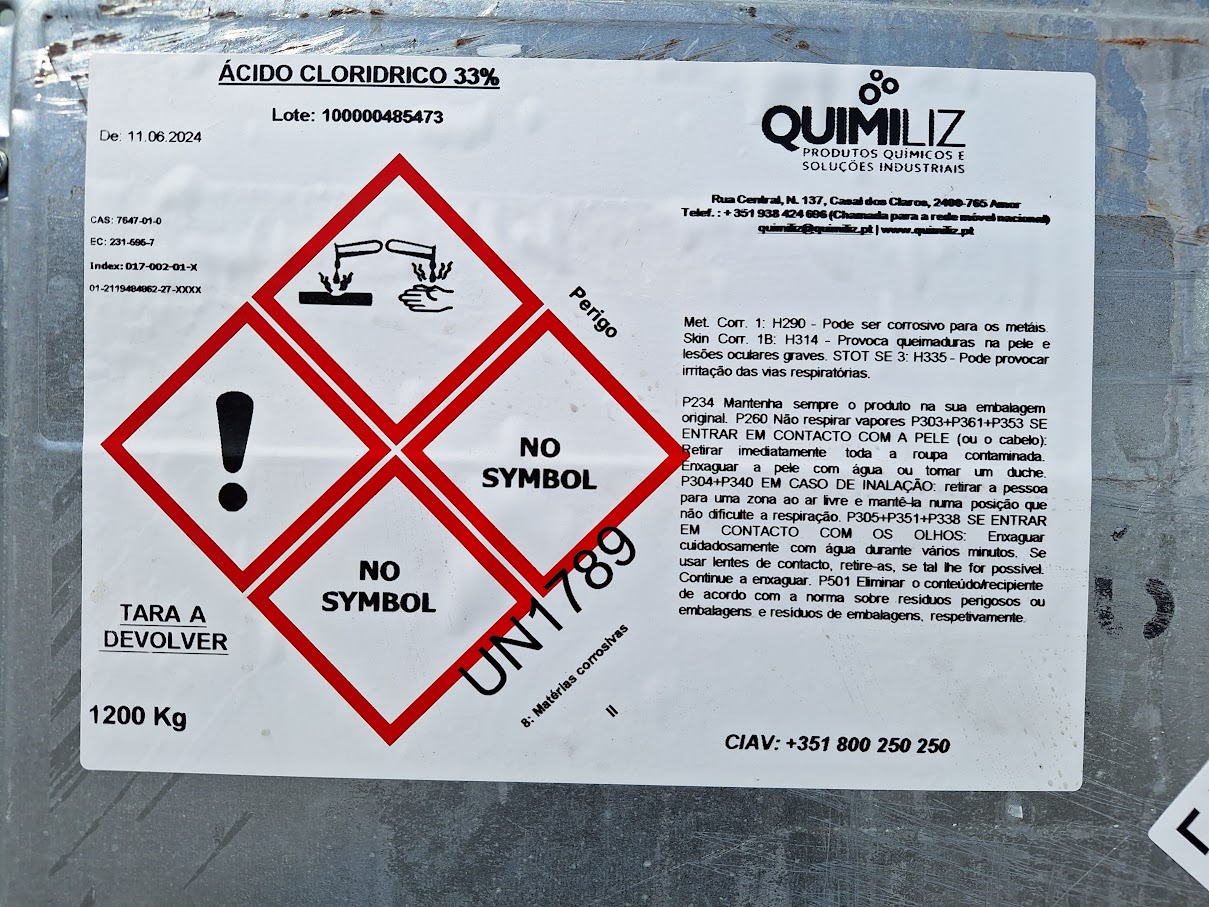 Acido Cloridrico 33 %  IBC ou Bilhas 25 Kg